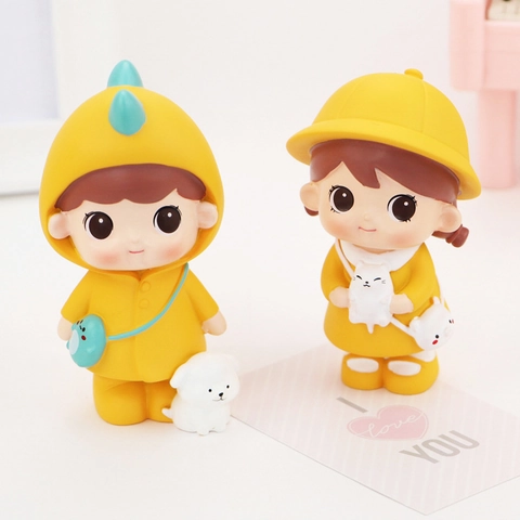 Figurine de Fille de Couple de Dessin Animé Mignon Résine Miniature Dinosaure Poupée Ornement Voiture Décoration Bureau