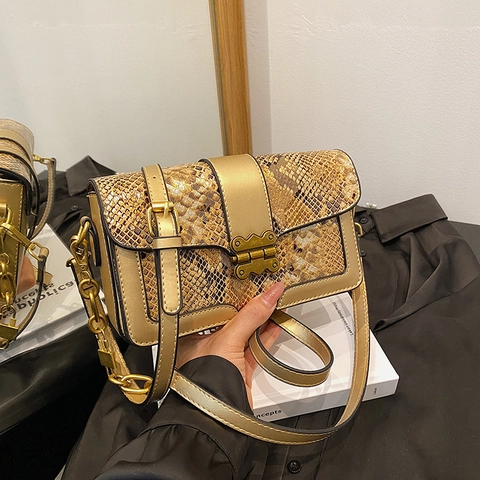 Vintage Snake Pattern Patchwork Crossbody Bag PU Leather Metal Chain Lock Small Square Shoulder Bag For Women