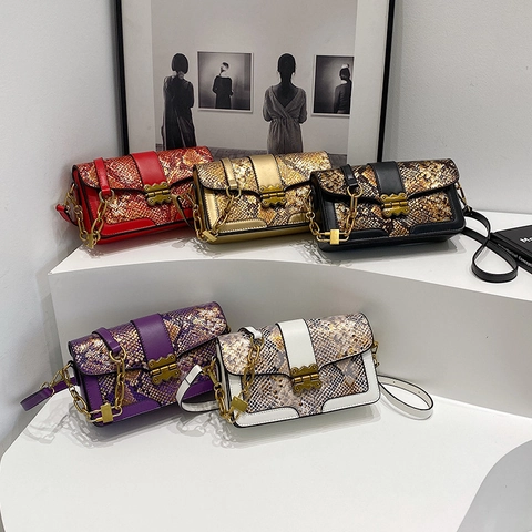 Vintage Snake Pattern Patchwork Crossbody Bag PU Leather Metal Chain Lock Small Square Shoulder Bag For Women