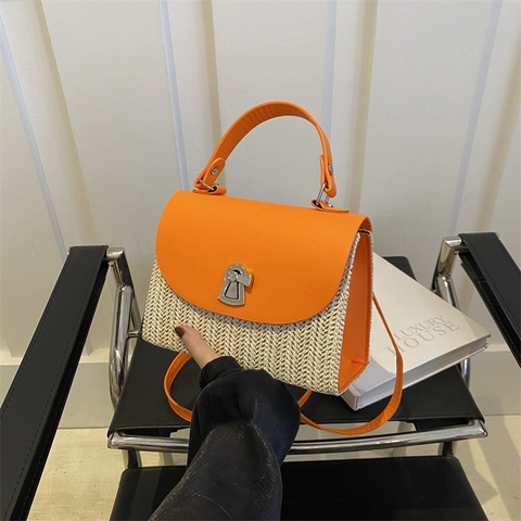 Women PU Leather Straw Woven Patchwork Handbag Crossbody Bag Summer Vacation Korean Style Contrast Color Lock Closure