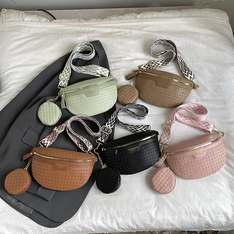 Women Woven Texture Chest Bag With Round Coin Purse Geometric Wide Strap PU Leather Crossbody Waist Bag Casual Fashion Fanny Pack