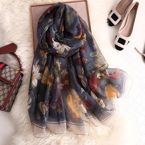 Écharpe À Fleurs Vintage Longue Transparente Yourou Fil Châle Imprimé Papillon Libellule Protection Solaire Femme