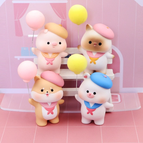 Cute Cartoon Animal Cake Toppers Vinyl Shiba Inu Pig Bear Cat Figurines With Balloons For Birthday Party Desktop Decoration