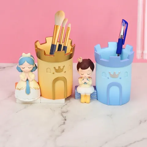 Cartoon Prince Princess Resin Pen Holder Cute Castle Figurine Desktop Makeup Brush Organizer Stationery Storage
