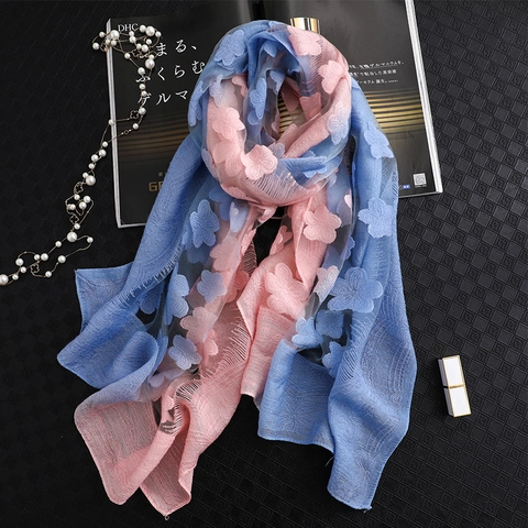 Women Long Shawl Scarf Polyester Mesh 3D Flower Embroidery Gradient Color Sun Protection Lightweight Retro Tassels