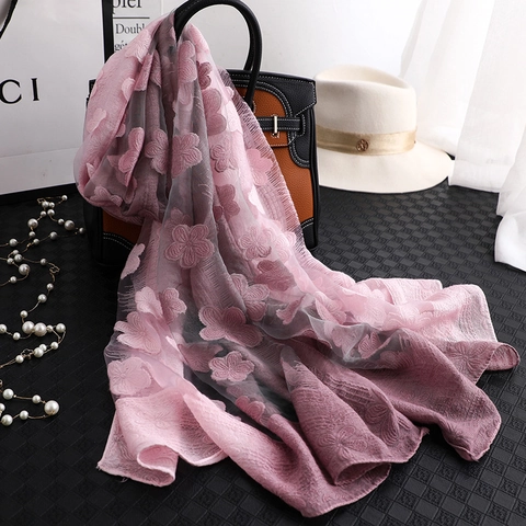 Women Long Shawl Scarf Polyester Mesh 3D Flower Embroidery Gradient Color Sun Protection Lightweight Retro Tassels