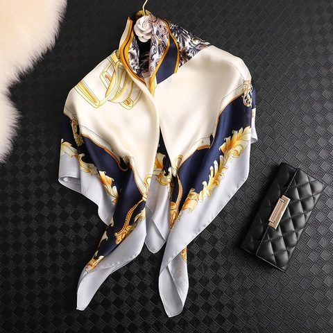 Élégant Carré De Satin Imprimé Baroque Grand Foulard En Satin Sensation Satin Motif Équestre Vintage Pour Femmes Style Français