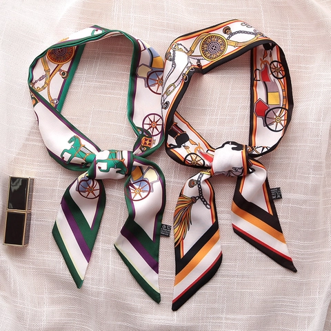 Bufanda Skinny de Satén para Mujer Twilly Retro Caballo Floral Estampado Geométrico Bufanda Estrecha para el Cuello Decoración de Bolsos Accesorios Elegantes