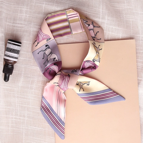 Bufanda Skinny de Satén para Mujer Twilly Retro Caballo Floral Estampado Geométrico Bufanda Estrecha para el Cuello Decoración de Bolsos Accesorios Elegantes