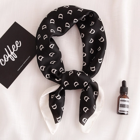 Women Fashion Square Scarf Elegant Letter Monogram Printed Imitation Satin Headscarf Neck Scarf For Sun Protection Retro Style