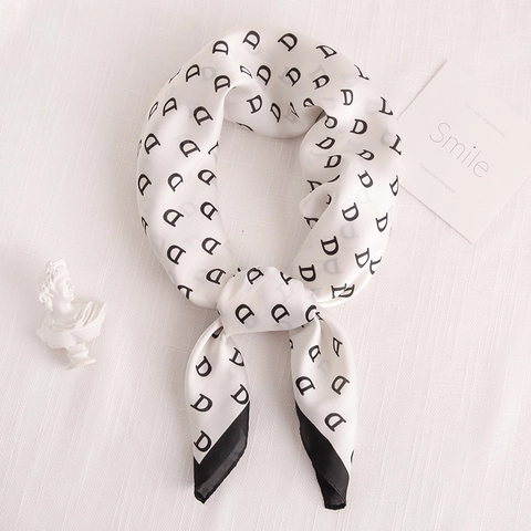 Women Fashion Square Scarf Elegant Letter Monogram Printed Imitation Satin Headscarf Neck Scarf For Sun Protection Retro Style