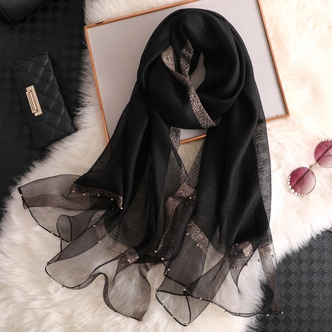 Women Elegant Satin Shawl Scarf With Beaded Edge Metallic Thread Thin Sun Protection Lightweight Pashmina Accessories