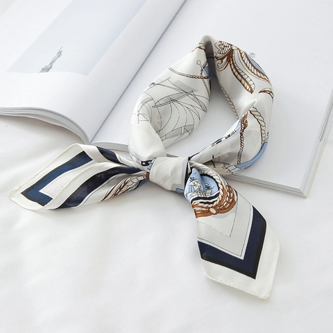Foulard Quadrato In Raso Di Gelso Elegante Da Donna Stampa Nautica Vintage Protezione Solare Accessorio Stile Francese