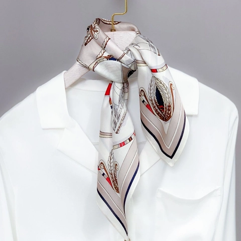 Foulard Quadrato In Raso Di Gelso Elegante Da Donna Stampa Nautica Vintage Protezione Solare Accessorio Stile Francese