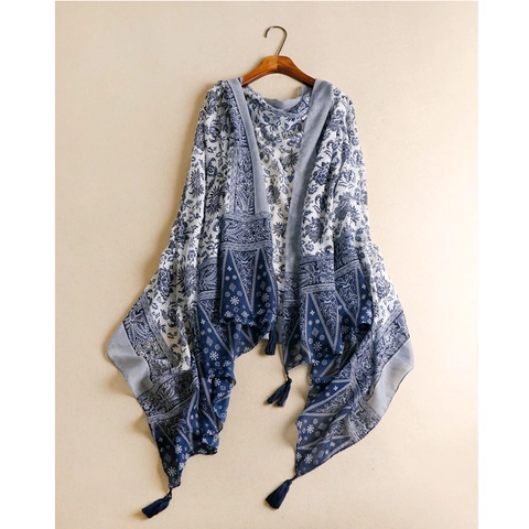Blue White Porcelain Floral Print Scarf Shawl Polyester Sunscreen Elegant Bohemian Vintage Tassel Long Wrap For Women