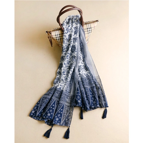 Blue White Porcelain Floral Print Scarf Shawl Polyester Sunscreen Elegant Bohemian Vintage Tassel Long Wrap For Women