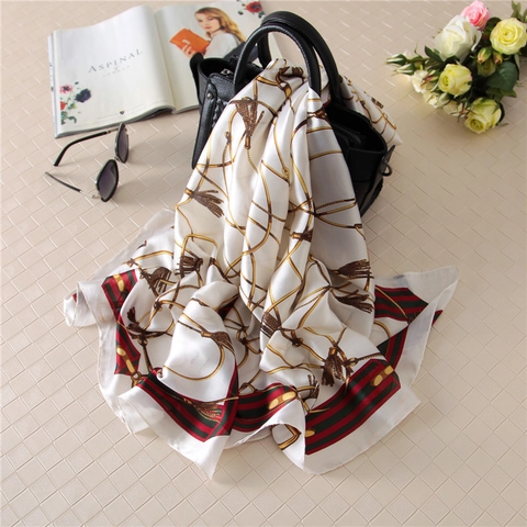 Eleganter Damen Schal KunstSatin Lange Stola Vintage Goldketten Pferdegeschirr Print Gestreift Leicht Sonnenschutz Accessoire
