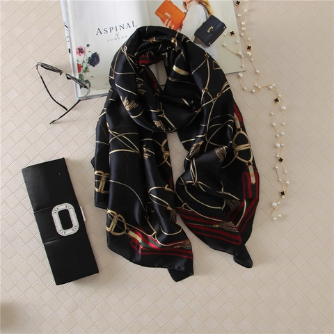 Eleganter Damen Schal KunstSatin Lange Stola Vintage Goldketten Pferdegeschirr Print Gestreift Leicht Sonnenschutz Accessoire
