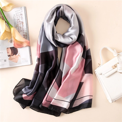 Damen Langer Schal Geometrisches Farblockmuster Satinnimitat Sonnenschutz Eleganter Modischer Schal Weicher Leichter Wickel