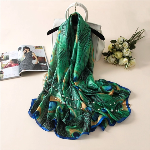 Peacock Feather Print Faux Satin Scarf Long Soft Polyester Wrap For Women Sun Protection Lightweight Elegant Accessory