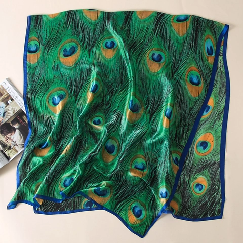 Peacock Feather Print Faux Satin Scarf Long Soft Polyester Wrap For Women Sun Protection Lightweight Elegant Accessory