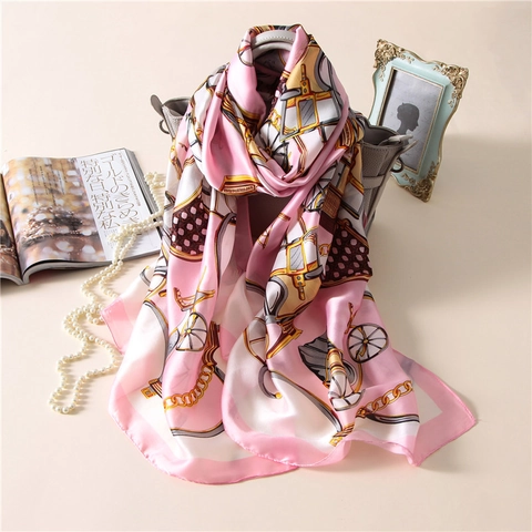 Sciarpa Di Lusso Con Stampa Carrozza Elegante Scialle Lungo In Raso Finta Raso Motivo A Catena Avvolgimento Leggero Accessorio Donna