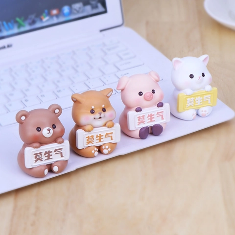 Cute Resin Animal Ornaments For Car Desktop Miniature Bear Pig Cat Shiba Inu Figurine Motivational Slogan Birthday Gift