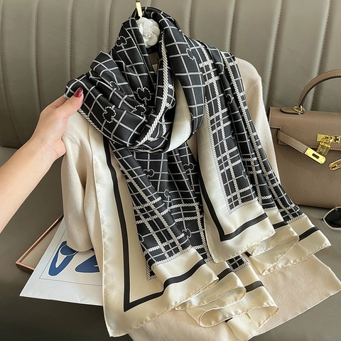 Women Large Scarf Faux Satin Plaid Printed Shawl Sun Protection Beach Wrap British Style Elegant Lightweight
