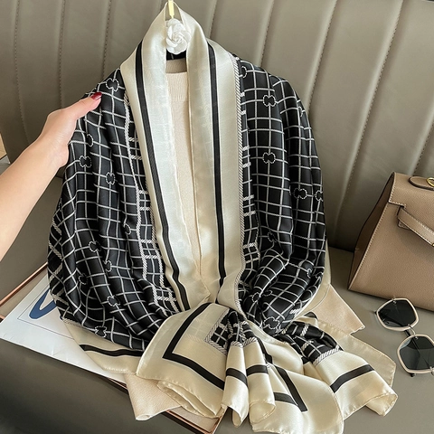 Women Large Scarf Faux Satin Plaid Printed Shawl Sun Protection Beach Wrap British Style Elegant Lightweight