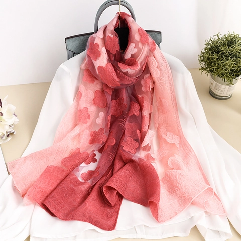 Elegante Damen Gradient 3D Blumenstickerei Spitze Hohl Schal Leichter Polyester Hauchdünner Schal Sonnenschutz