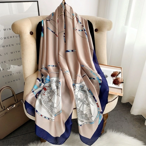Sciarpa Lunga In Raso Artificiale Da Donna Stampa Catena Ancora Nautica Scialle Raso Elegante Per Protezione Solare Accessorio Decorativo