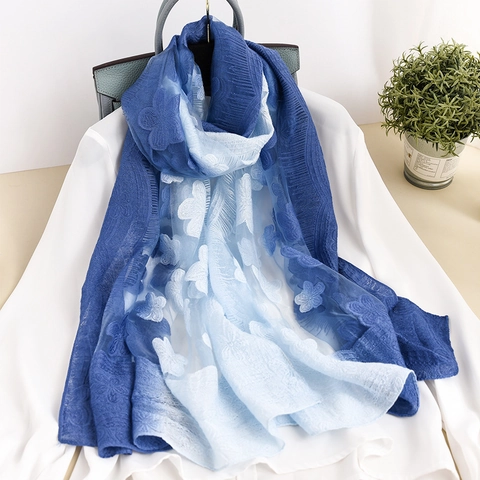 Elegante Damen Gradient 3D Blumenstickerei Spitze Hohl Schal Leichter Polyester Hauchdünner Schal Sonnenschutz