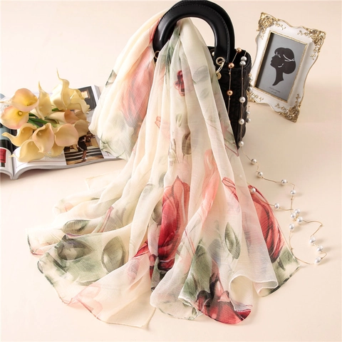 Châle Femme Élégant Imprimé Floral Écharpe Légère Polyester Protection Solaire Été Plage Voyage Longue Enveloppe