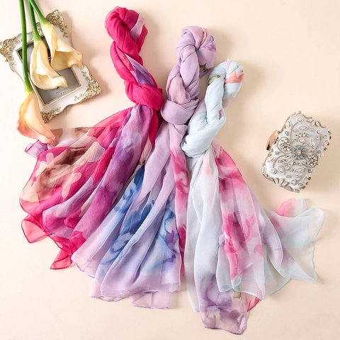Damen Chiffon Polyester Schal Mit Blumendruck Sonnenschutz Leicht Atmungsaktiv Sommer Strand Urlaub Eleganter Wickelschal