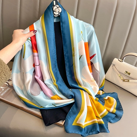 Sciarpa in Raso da Donna Grande Scialle Stampa Floreale Astratta Avvolgimento Protezione Solare Beach Sarong Viaggio Elegante Pashmina