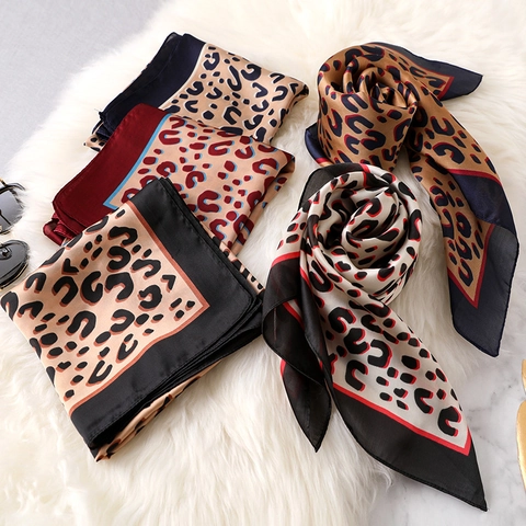 Leopard Print Square Scarf Satiny Satin Neckerchief Fashionable Head Wrap For Women Decorative Elegant Sun Protection