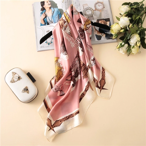 Damen Vintage Druck Quadratischer Schal Satin Satinnimitat Elegant Blumen Kutsche Nautisches Muster Haarzubehör Halstuch