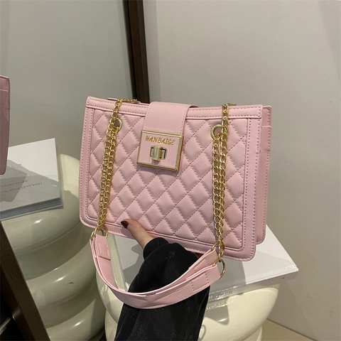 Borsa A Tracolla Con Catena Trapuntata Donna Pelle PU Motivo A Rombi Elegante Borsa A Mano Chiusura In Metallo Dorato