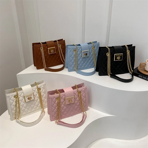 Borsa A Tracolla Con Catena Trapuntata Donna Pelle PU Motivo A Rombi Elegante Borsa A Mano Chiusura In Metallo Dorato