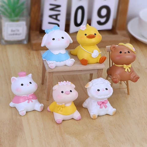 Cute Cartoon Animal Figurines Resin Mini Cat Duck Bear Pig Sheep Rabbit Car Dashboard Office Desktop Decor Kawaii Ornament