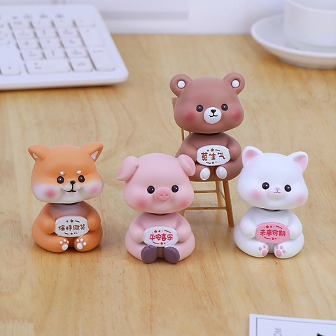 Cartoon Shaking Head Animal Ornament Resin Cat Pig Shiba Inu Bear Figurine For Car Dashboard Desk Decoration Healing Gift
