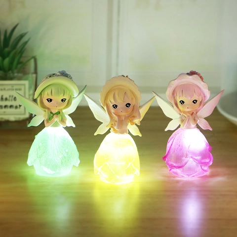 Cartoon Flower Fairy LED Night Light Resin Elf Girl Figurine With Translucent Wings Home Bedroom Desktop Decor Gift