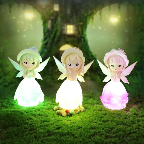 Cartoon Flower Fairy LED Night Light Resin Elf Girl Figurine With Translucent Wings Home Bedroom Desktop Decor Gift