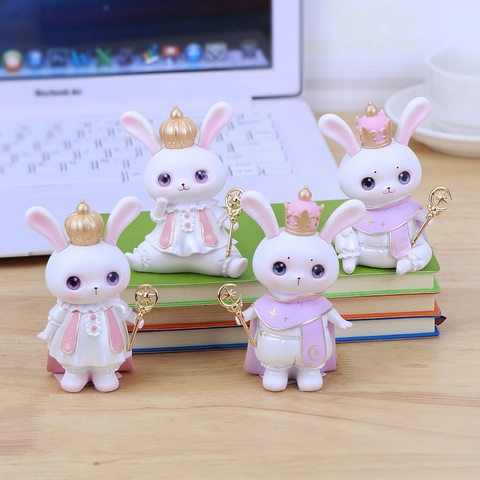 Cute Cartoon Rabbit Resin Ornament With Crown Magic Wand Sun Moon Design Dreamy Rabbit Figurine Desktop Decor Birthday Cake Topper Gift