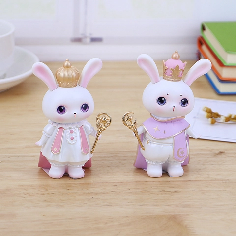 Cute Cartoon Rabbit Resin Ornament With Crown Magic Wand Sun Moon Design Dreamy Rabbit Figurine Desktop Decor Birthday Cake Topper Gift