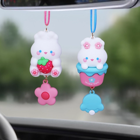 Rabbit Car Rearview Mirror Hanging Ornament Silicone Cartoon Strawberry Milk Tea Cup Interior Decoration