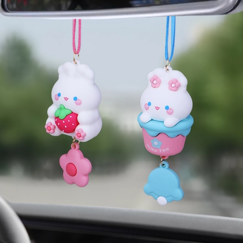 Rabbit Car Rearview Mirror Hanging Ornament Silicone Cartoon Strawberry Milk Tea Cup Interior Decoration