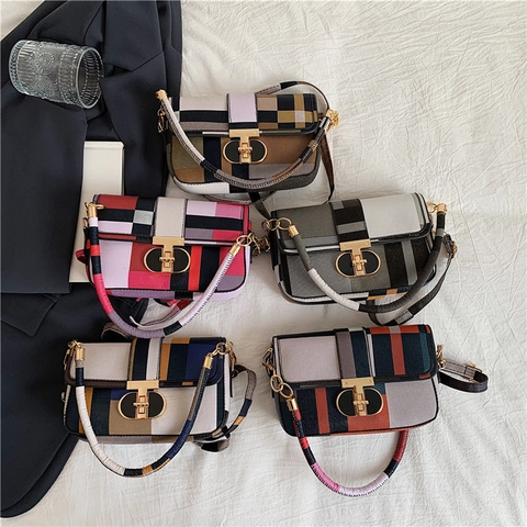Bolso Bandolera Para Mujer Retro De Cuadros Color En Contrasτε Cuero De PU Bolso De Hombro Con Cierre Metálico Dorado