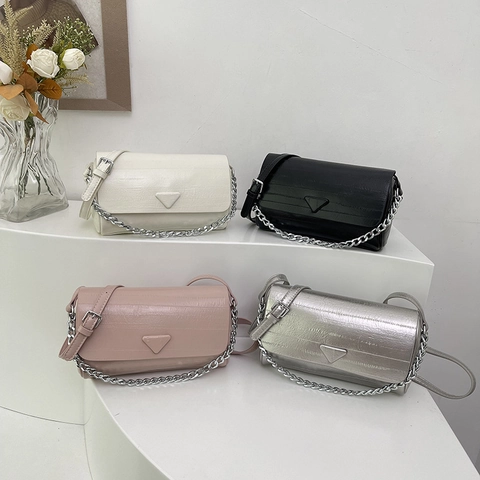 Women Cylinder Crossbody Bag Solid Color Chain Strap PU Leather Shoulder Bag Triangle Design Handbag Evening Clutch Bag