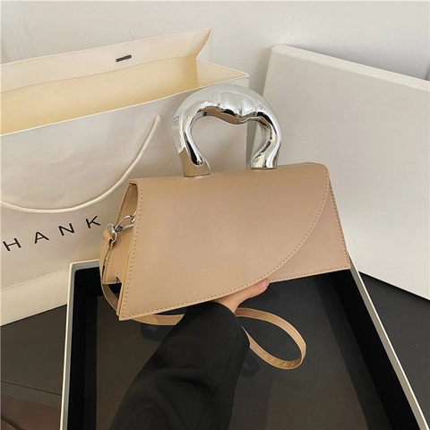 Fashion Women PU Leather Small Square Bag Elegant Minimalist Crossbody Shoulder Bag With Unique Metal Handle Handbag